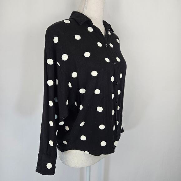 Zara Black Button Up Embroidered Pom Pom Polka Dot Collared Dolman Sleeve Top XS - Picture 5 of 14